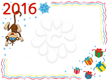 Greeting card with Funny Monkey that hook by the tail for the digit of inscription 2016 and hangs on it, cartoon vector artwork on the background with frame and gits
