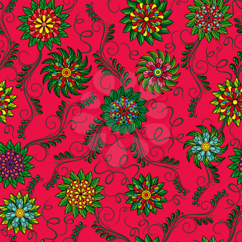 Seamless vector colourful pattern with beautiful flowers on the red background