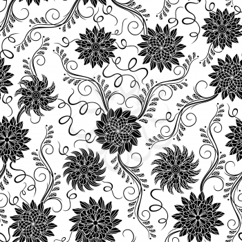Black and white seamless pattern with stencil floral elements, hand drown vector artwork