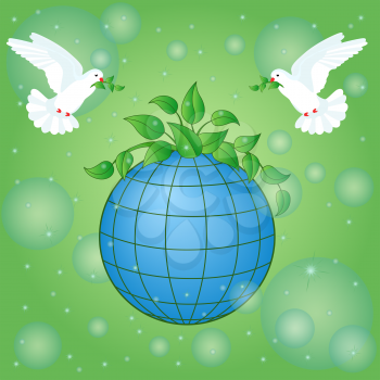 Earth Day green vector pattern with stylized blue Earth planet and pigeons with twig of peace in beak