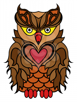 Big serious owl mainly in brown colours isolated on a white background, cartoon vector illustration