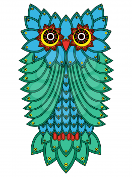 Big serious owl mainly in blue and green hues isolated on a white background, cartoon vector illustration
