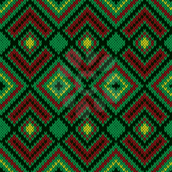 Ornamental ethnic knitting seamless vector pattern as a knitted fabric texture mainly in green hues and in red and yellow colors