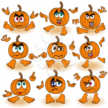 Set of nine funny Halloween orange pumpkins that gesticulate with hands isolated on the white background, cartoon vector illustration