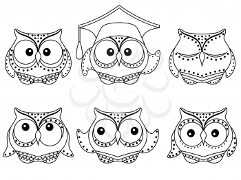 Set of six amusing owl vector black outlines isolated on the white background