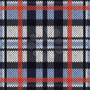 Knitting seamless vector pattern with perpendicular lines as a woollen Celtic tartan plaid or a knitted fabric texture in pink, white and various blue hues