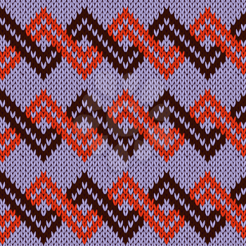 Knitting seamless vector pattern with zigzag ornamental chains as a knitted fabric texture in violet, red and dark brown colors