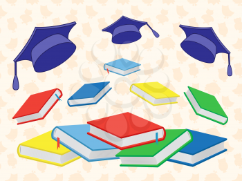 Colourful new books and flying mortar boards on the seamless background with stylized owls, vector illustration