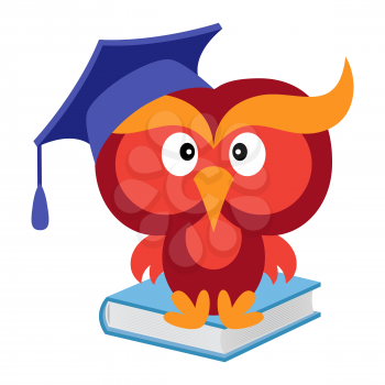 Big funny wise owl in the mortarboard cap sitting on the blue book, cartoon vector illustration isolated on the white background