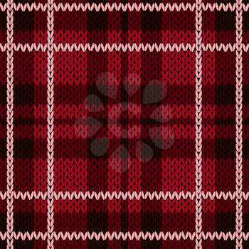 Knitting checkered seamless vector pattern with perpendicular lines as a woollen Celtic tartan plaid or a knitted fabric texture, mainly in red hues with light pink thread