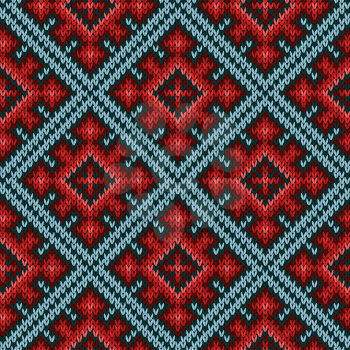 Knitted geometric motley background mainly in red and blue hues, seamless knitting vector pattern as a fabric texture
