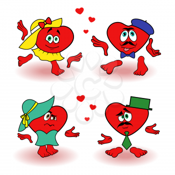 Funny scenes with pair of loving red hearts, Valentine cartoon vector illustrations isolated over white background