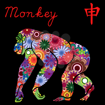 Chinese Zodiac Sign Monkey, Fixed Element Metal, symbol of New Year on the Eastern calendar, hand drawn vector stencil with colorful flowers isolated on a black background
