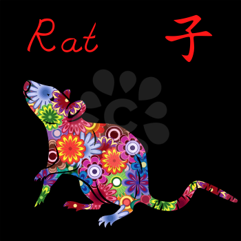Chinese Zodiac Sign Rat, Fixed Element Water, symbol of New Year on the Eastern calendar, hand drawn vector stencil with colorful motley flowers isolated on a black background