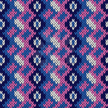 Knitted background with vertical ornate rows in blue, white and light magenta hues, seamless knitting vector pattern as a fabric texture