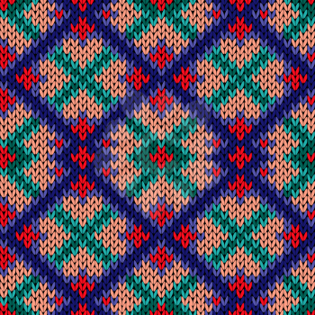 Knitted background with colorful rhombus ornament in red, beige, blue and turquoise hues, seamless knitting vector pattern as a fabric texture