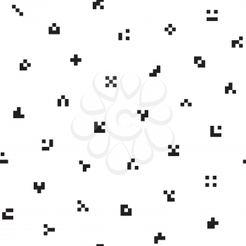 Monochrome abstract pixelated icons seamless pattern for design. Black and white tileable vector background for kids in minimalistic style.