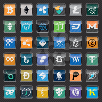 Black rounded square icons with cryptocurrency symbols. Vector icon set for cryptocurrency mining pools or digital currency exchange.