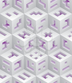 White purple cubes isometric seamless pattern. Vector tileable background. Blockchain technology concept.