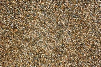 Fragment of beach pebble with small colored pebbles, stones and shells detail close-up in bright sunlight