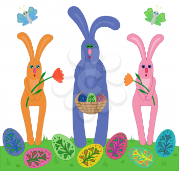 Easter rabbits carrying flowers and basket with Easter eggs. Vector illustration