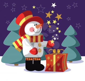 Vector. Snowman  with gift in color 05