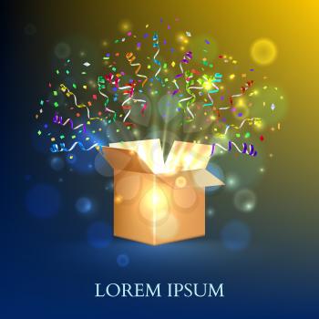 Open Box With fireworks from confetti. Vector illustration