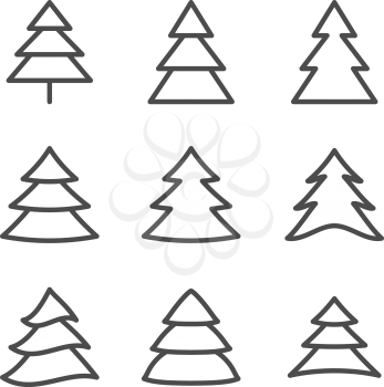 Set of Nine Xmas Trees Thin Line vector illustration