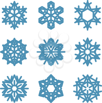 Set of Nine Snowflakes thin line ftat design vector illustration
