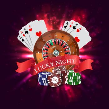Casino. Roulette with Red Ribbon Lucky night. Vector illustration