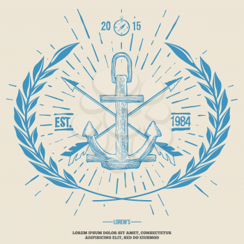 Vintage Hipster Logo Crossed Arrows with Anchor Vector illustration