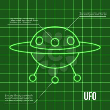 Ufo flying disc indicator on retro display vector illustration
