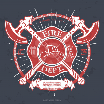 Fire Dept. Label. Helmet with Crossed Axes T-shirt Graphics. Vector Illustration