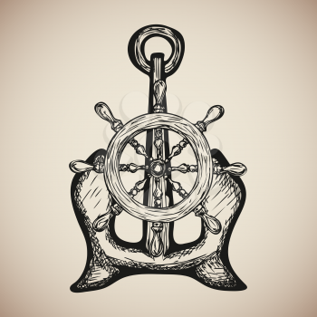 Vintage Marine Anchor with Steering Wheel isolated engrave. Vector illustration