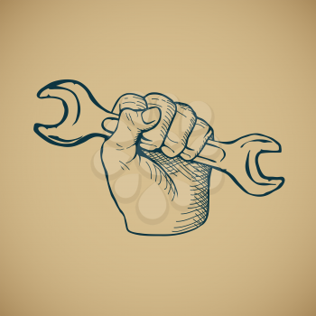 Hand drawn sketch vintage Hand with Wrench vector illustration