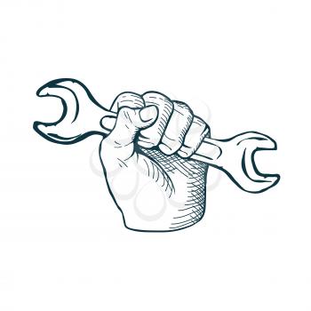 Hand drawn sketch vintage Hand with Wrench vector illustration