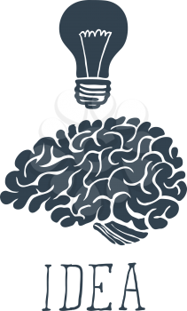 Hand Drawn Brain with Idea Lettering and Light Bulb. Vector illustration
