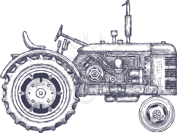 Vintage agricultural tractor, sketch. Hand drawn Vector illustration