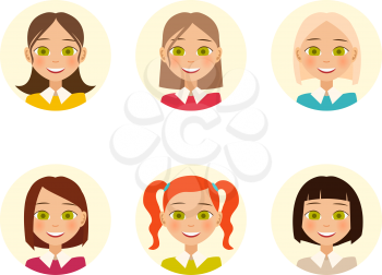 Womens faces. Woman with different hair color and different hairstyles. Vector illustration