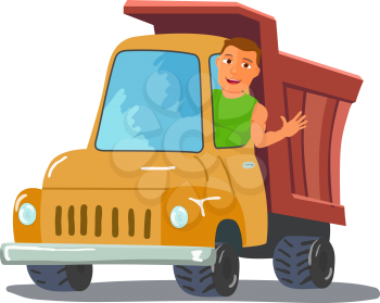 Cartoon Truck Driver Character Waving From Truck. Vector illustration