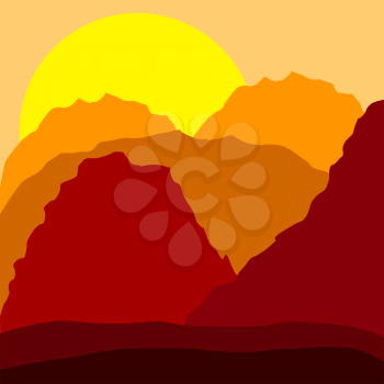 Sunset in mountains illustration, orange color scheme