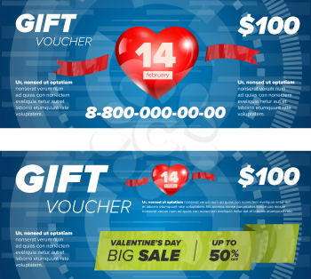 Blue Gift voucher template. Valentine day sale 