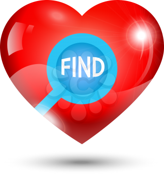 blue search icon placed inside red shiny heart