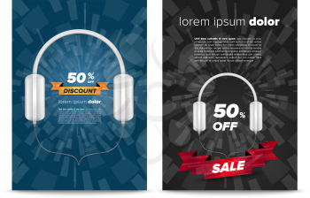 Vertical sale flayers with headphones illustration. Sale and discounts.