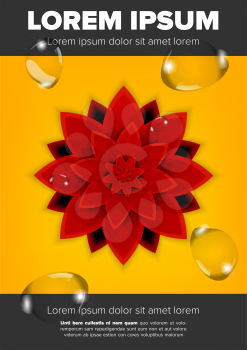 Leaflet design with red mandala flower and water drops