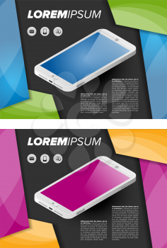 Flayer template with isometric mobile phone on abstract background