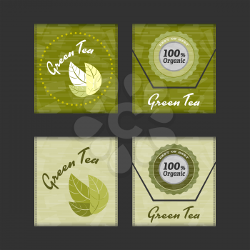 Green tea bag with leafs and abstract green background