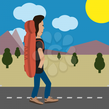 A vector illustration of a man traveling and hiking