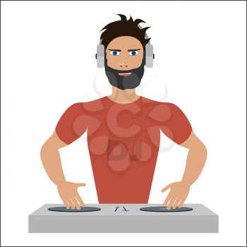 Smiling DJ with console on a white background