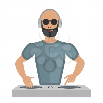 Smiling DJ with console on a white background